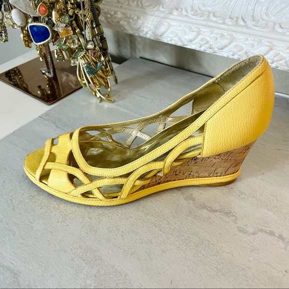 Stuart Weitzman yellow leather open toe wedges - Picture 1 of 7